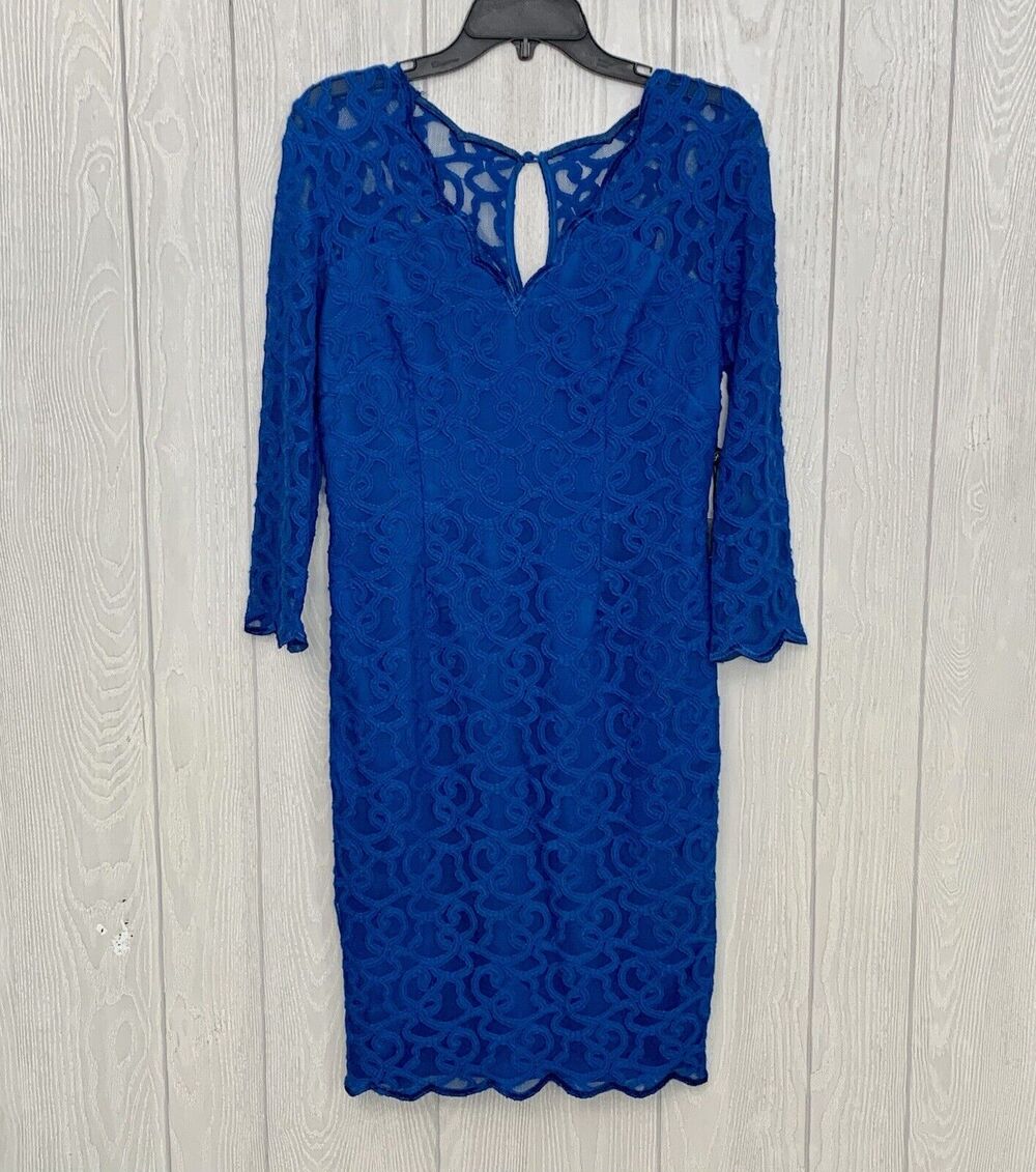 Adrianna Papell Lace Overlay Blue V-Neck Dress Size 4 NWT